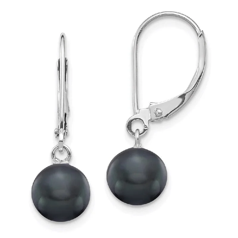 Cheap Fashion Earrings-14K White Gold 7-7.5mm Black Round FWC Pearl Leverback Earrings