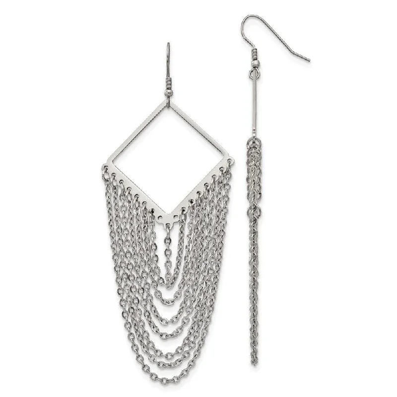 Classy Diamond Earrings-Stainless Steel Diamond Shape w/Dangle Chain Earrings