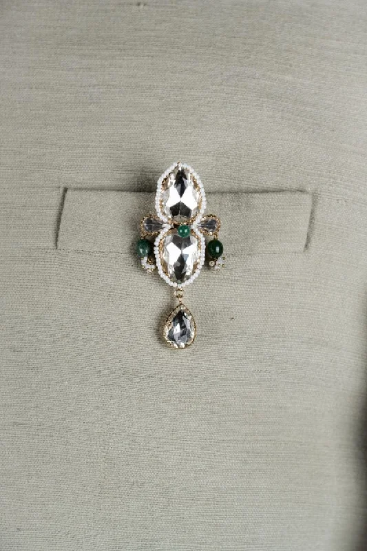 Handcrafted Silver Brooch-Crystal Brooch with Green Pearl Drop