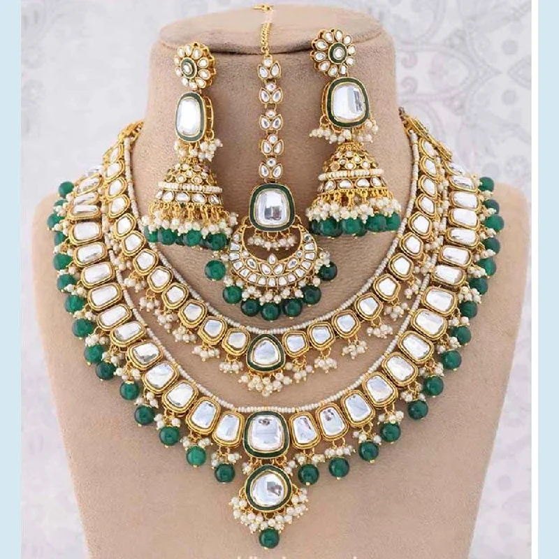 Large Statement Necklaces-India Art Gold Plated Kundan Stone And Pearls Necklace Set