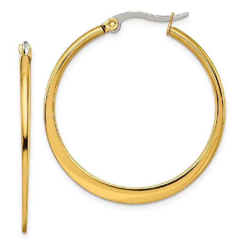 Cute Stud Earrings for Girls-Stainless Steel Gold IP plated Tapered 34mm Hoop Earrings