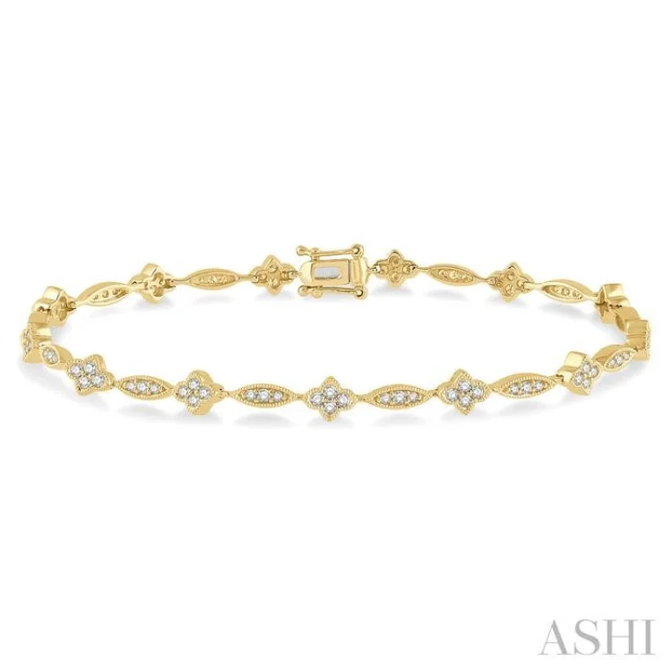 Gold and Leather Bracelets-1 1/10 ctw Marquise and Floral Link Diamond Bracelet in 10K Yellow Gold