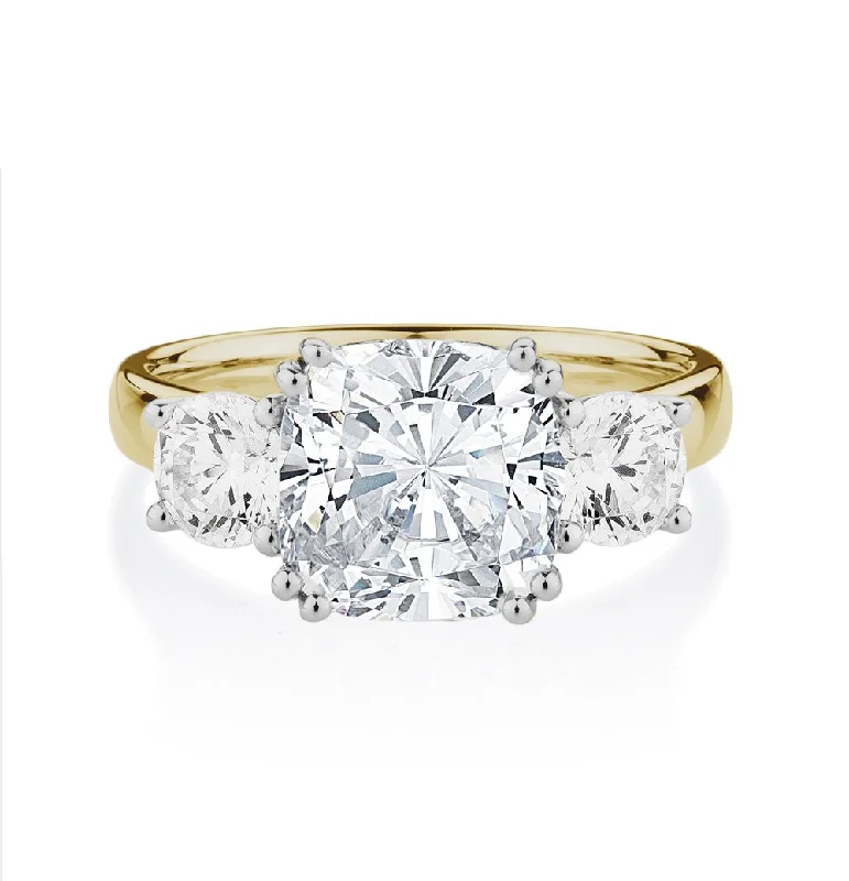 Gemstone Solitaire Rings-Three stone ring with 3.75 carats* of diamond simulants in 10 carat yellow and white gold