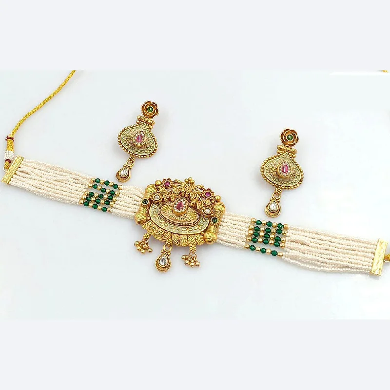 Personalized Name Necklaces-Rani Sati Jewels Gold Plated Kundan And Pearl Choker Necklace Set