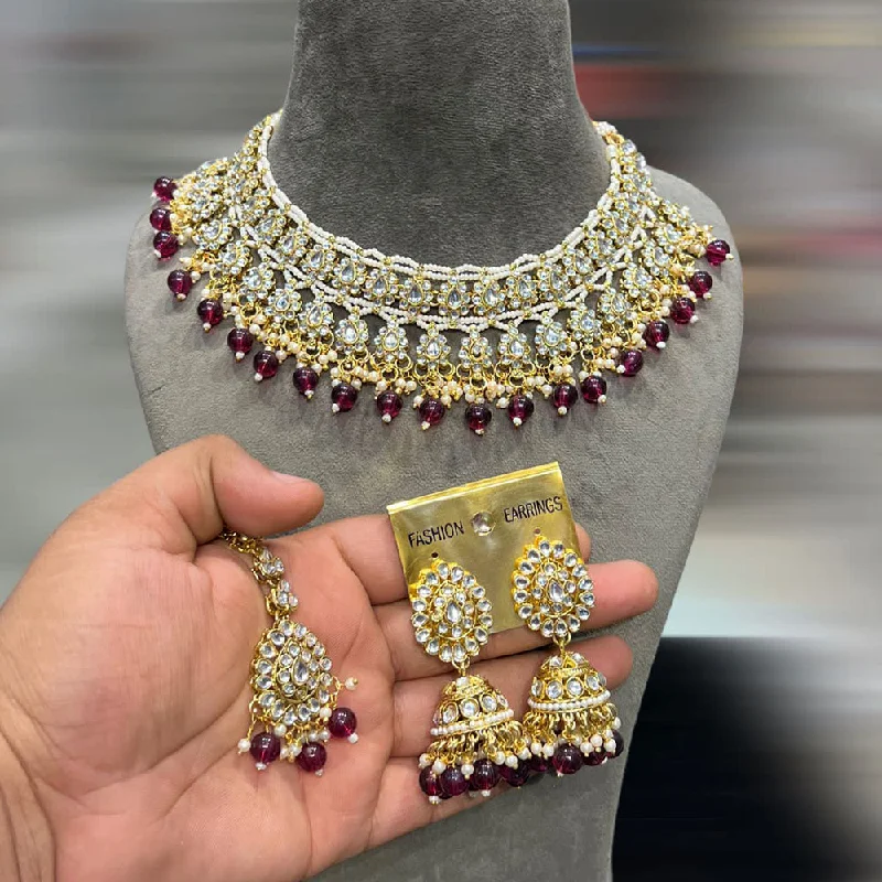 Modern Diamond Necklaces-Hira Collection Gold Plated Kundan Stone And Pearls Necklace Set