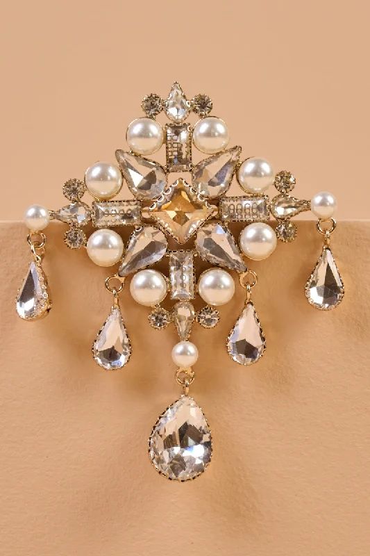 Classic Brooch with Detailed Gemstones-Ivory Quadrant Crystal Pearl Brooch