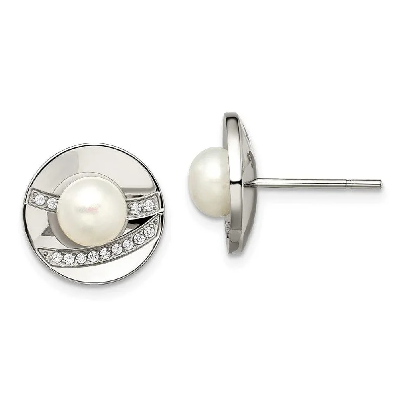 Modern Geometric Earrings-Stainless Steel Polished CZ and FWC Pearl Post Earrings