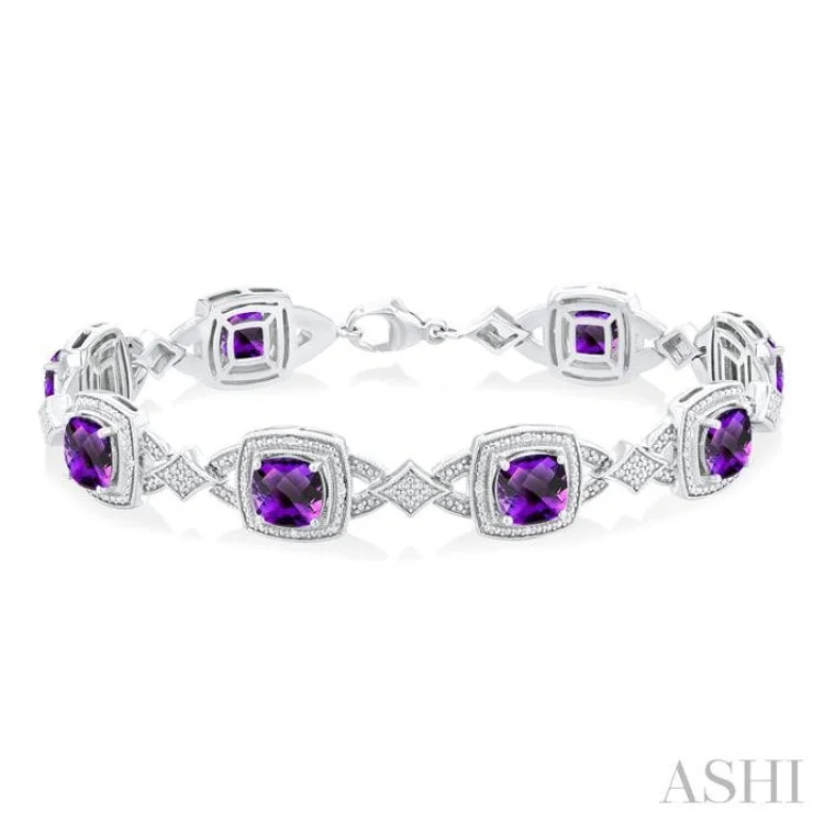 Chunky Gold Bracelets-1/10 ctw Cushion Cut 7X7MM Amethyst and Round Cut Diamond Semi Precious Bracelet in Sterling Silver