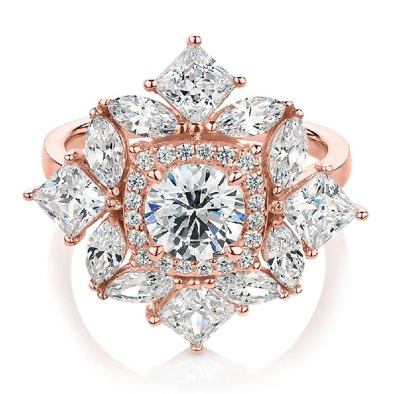 Fashionable Silver Rings-Dress ring with 3.86 carats* of diamond simulants in 10 carat rose gold