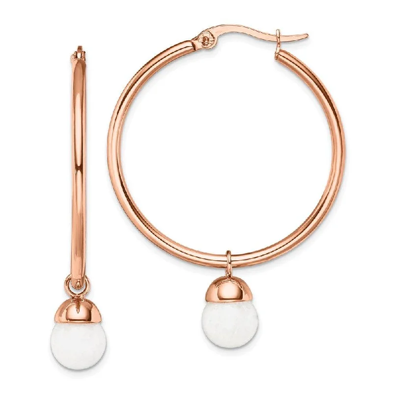 Colorful Stone Earrings-Stainless Steel Polished Rose IP-plated White Jade Hoop Earrings