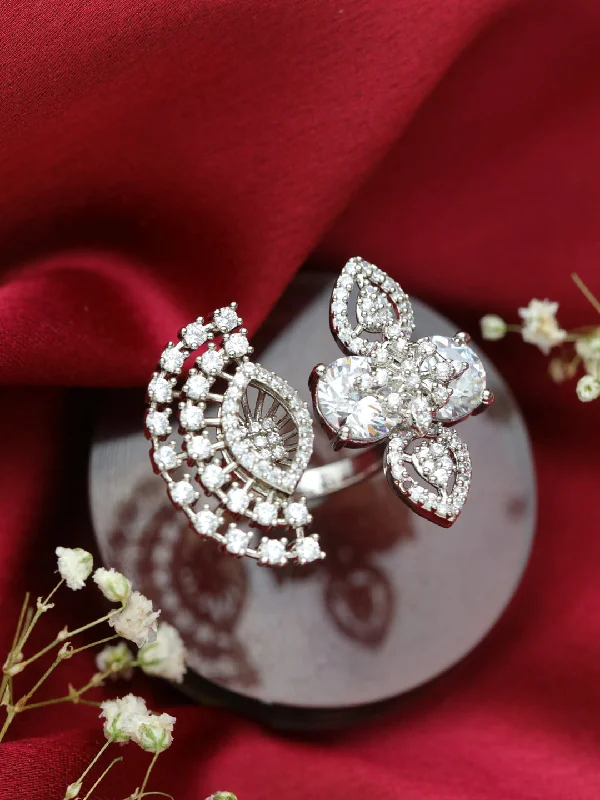 Large Cocktail Rings-Silver Plated Cz Studded Floral Shaped Adjustable Ring