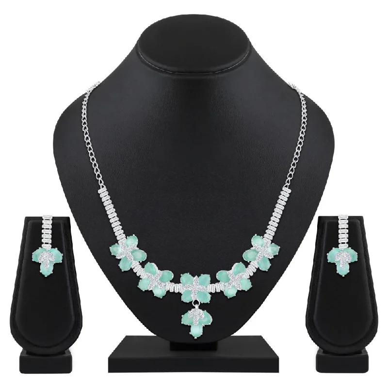 Romantic Rose Gold Necklaces-Mahi Rhodium Plated Light Green and White Cubic Zirconia (CZ) Floral Women's Necklace Set (NL1103838R)