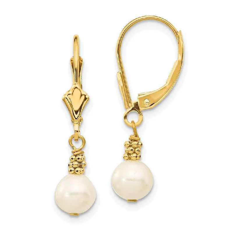 Oval Gemstone Earrings-14K 5-6mm White Semi-round Freshwater Cultured Pearl Leverback Earrings