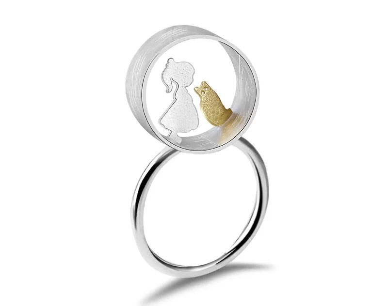 Silver Engagement Rings-Boy and Girl Meets Cat Ring