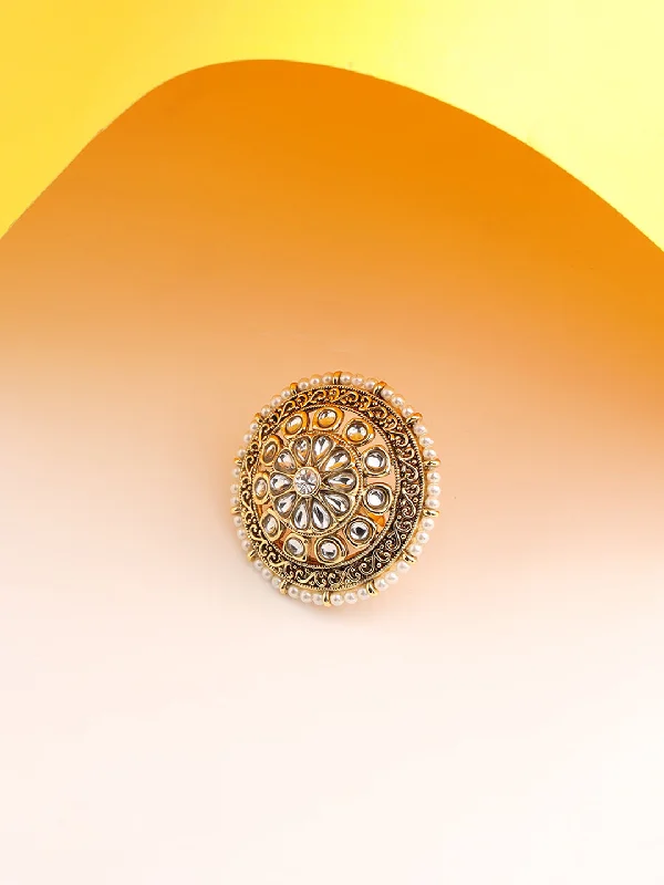 Yellow Diamond Rings-Gold-Plated & White Stone Studded Floral Shape Adjustable Finger Ring