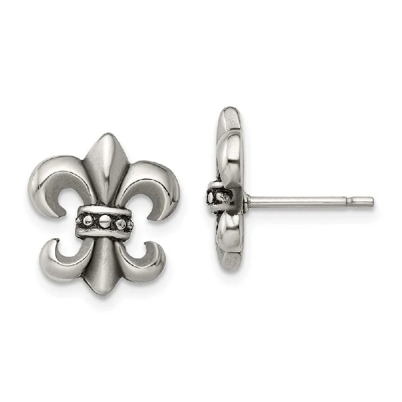 White Pearl Earrings-Stainless Steel Polished Fleur de Lis Post Earrings