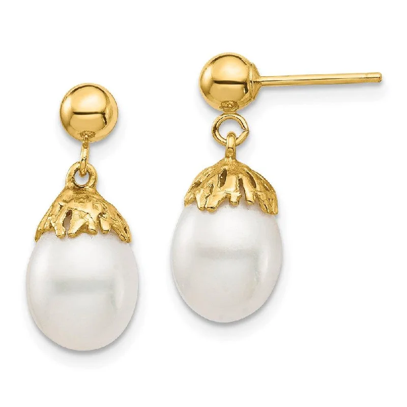 Bright Gemstone Earrings-14K 7-8mm White Rice Freshwater Cultured Pearl Dangle Post Earrings