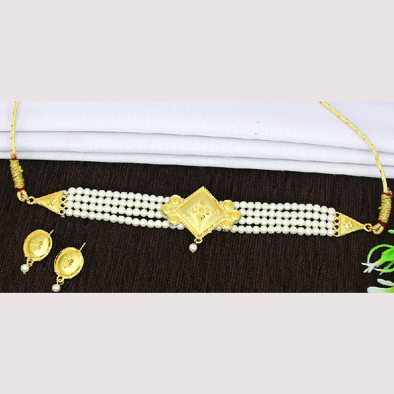 Colorful Beaded Pendant Necklaces-Mahavir Gold Plated Pearl Choker Necklace Set