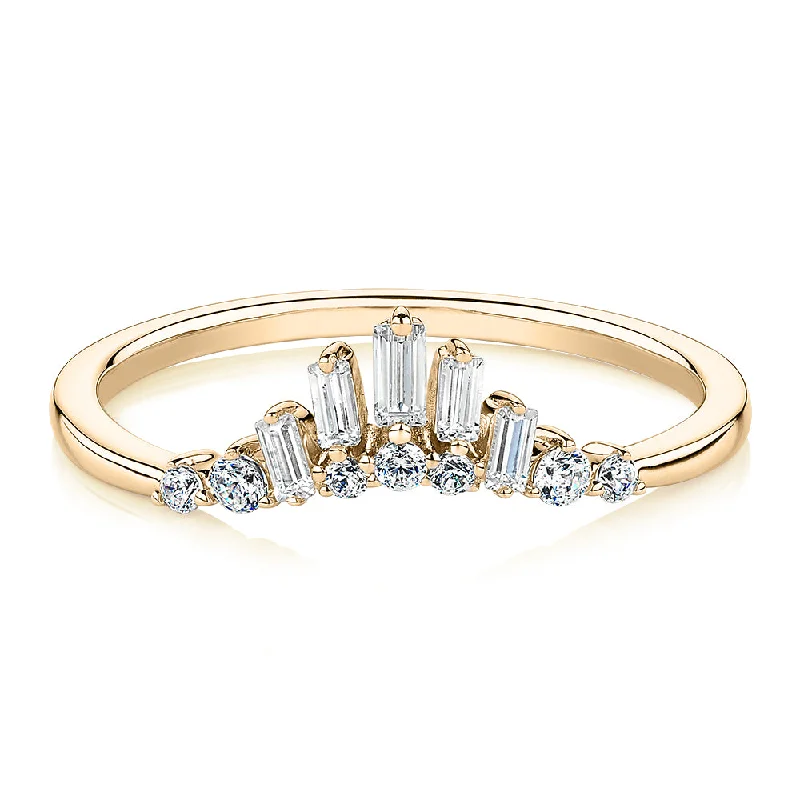 Luxury Gold Rings-Baguette curved wedding or eternity band with 0.35 carats* of diamond simulants in 10 carat yellow gold