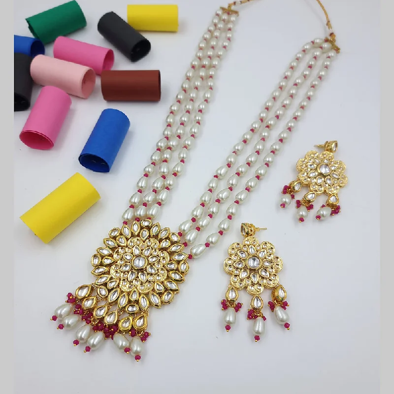 Colored Gemstone Necklaces-JCM Gold Plated Kundan Long Necklace Set