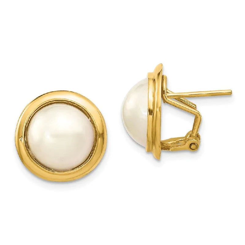 Bright Silver Earrings-14k 10-11mm White Freshwater Cultured Mabe Pearl Omega Back Earrings