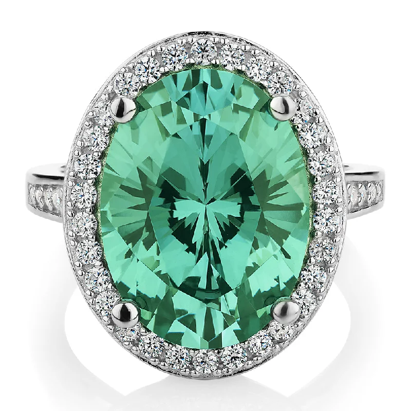 Unique Stackable Rings-Dress ring with ocean green simulant and 0.78 carats* of diamond simulants in sterling silver