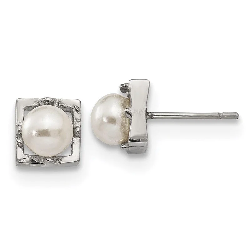 Eco-Friendly Earrings-Stainless Steel Polished Simulated Pearl Square Post Earrings