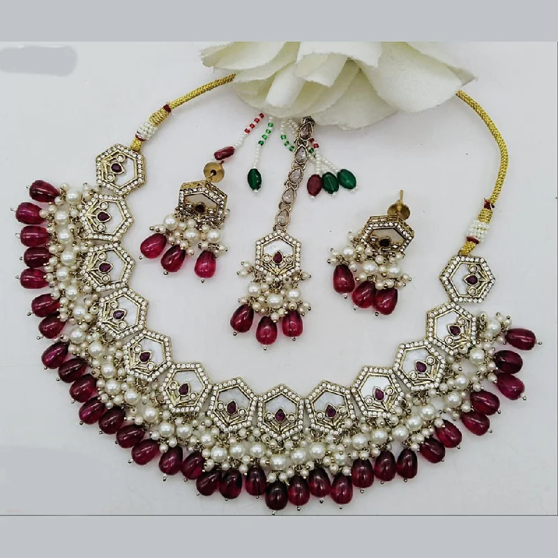 Simple Gemstone Choker Necklaces-FS Collection Gold Plated Kundan Stone And Pearls Necklace Set