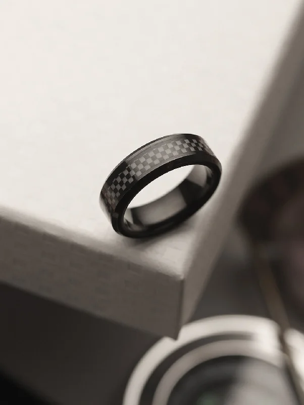 Stunning Diamond Rings-Men Black Checked Stainless Steel Band Finger Ring