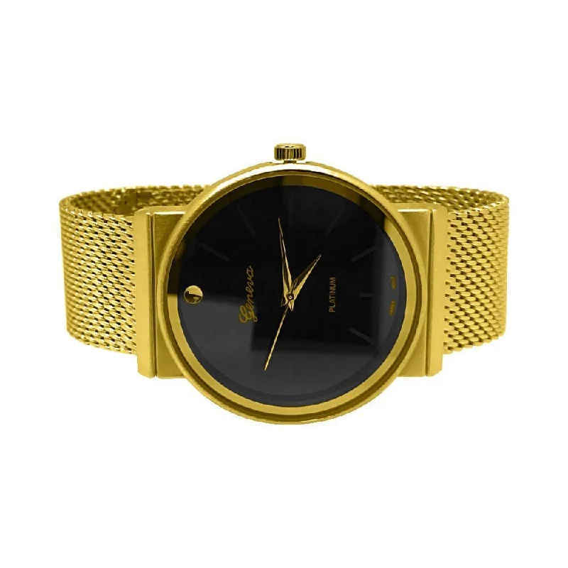 Fashion Watches with Large Dials-Smooth Round Gold Black Dial Mesh Band Watch