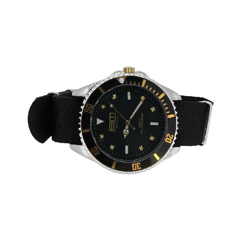 Sports Watches for Running-Genuine Diamond Bling Master Divers Sport Watch Gold with Black Nylon Strap