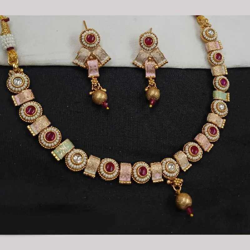 Custom Silver Necklaces-Padmawati Bangles Gold Plated Pota Stone And Pearls Meenakari Necklace Set