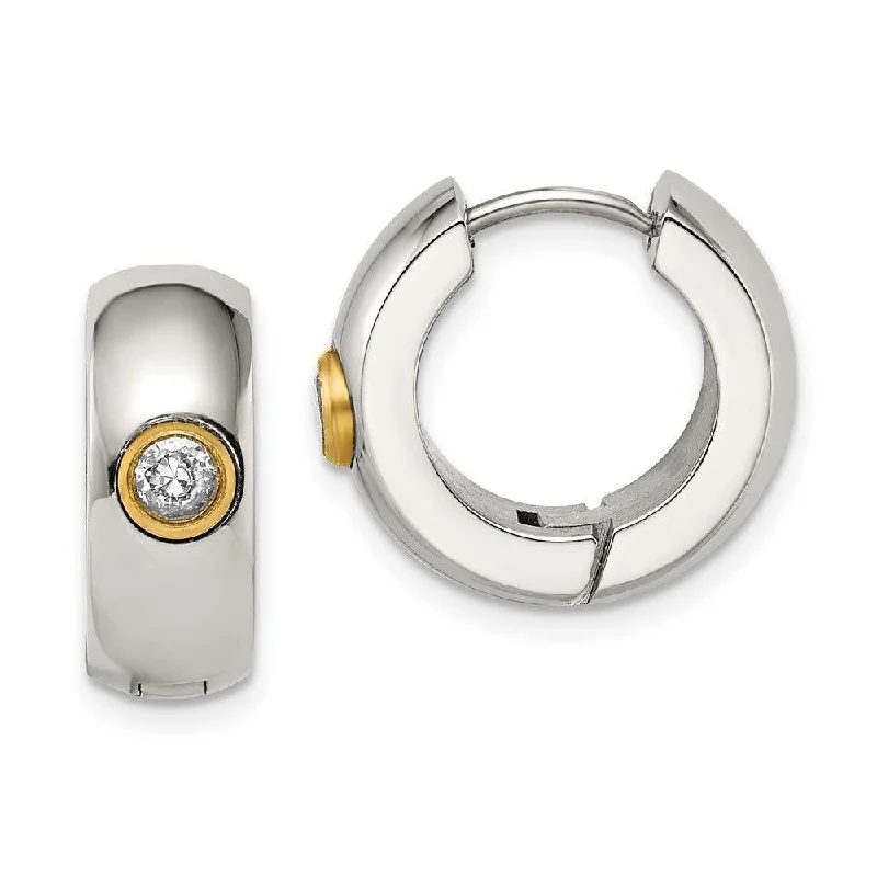 Multi-Tone Earrings-Stainless Steel CZ & Yellow IP-plated Hinged Hoop Earrings