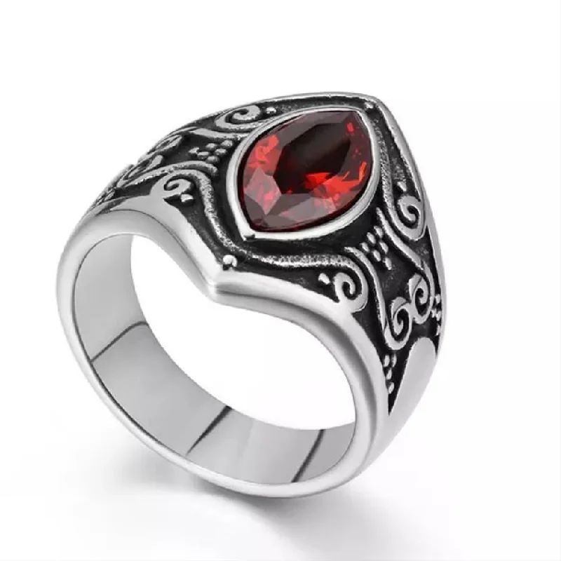 Large Statement Diamond Rings-Stainless Steel Red Stone Carved Ring