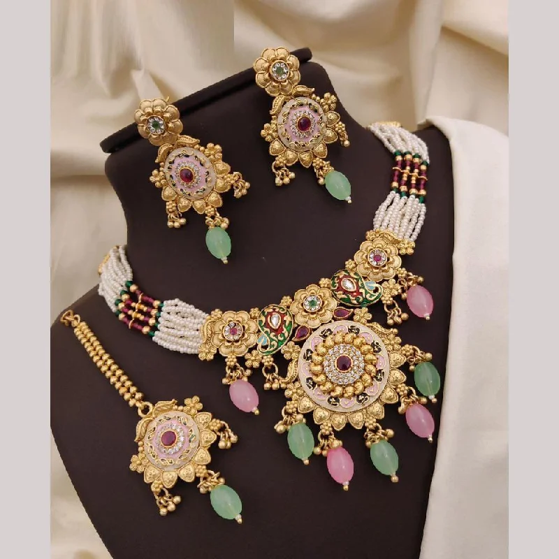 Black Crystal Necklaces-Neetu Art Gold Plated Pota Stone And Meenakari Pearls Necklace Set