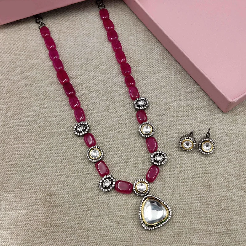 Unique Layered Necklaces-Amoliya Jewels Beads & Kundan Dark Pink Necklace Set