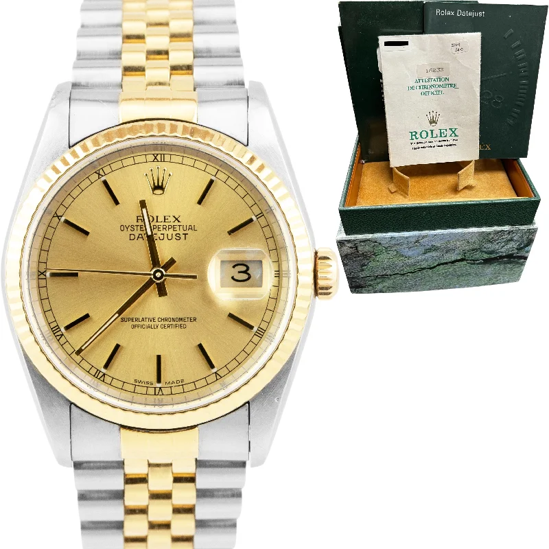 Chronograph Watches for Men-Rolex DateJust 36mm 18K Gold Steel No-Holes Case Champagne Watch 16233 PAPERS