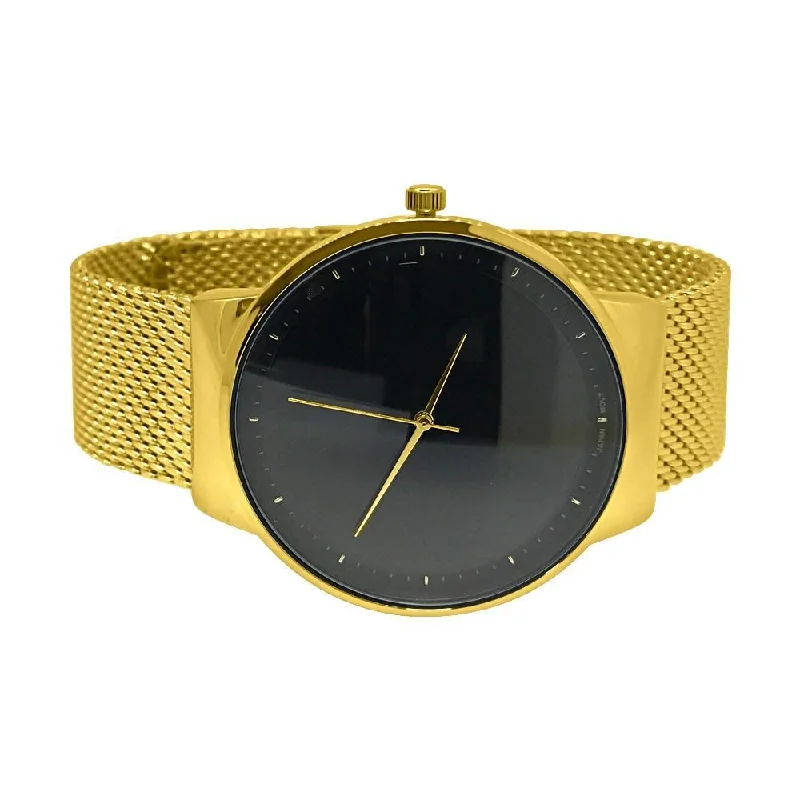 Classic Watches with Roman Numerals-Minimalistic Black Dial Gold Mesh Band Watch