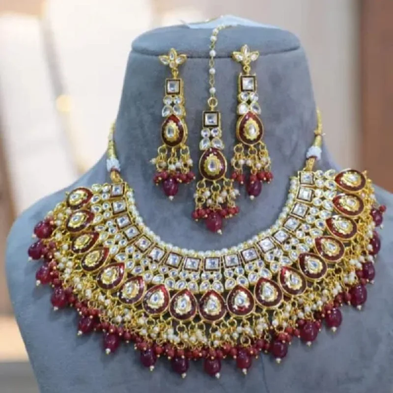 Elegant Sapphire Necklaces-Palak Art Gold Plated Kundan Stone And Beads Necklace Set