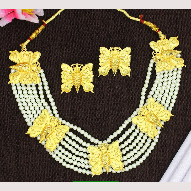 Simple Bead Necklaces-Mahavir Gold Plated Pearl Choker Necklace Set (Assorted Design)