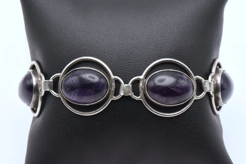 Elegant Crystal Cuff Bracelets-Vintage Handmade Sterling Silver Amethyst Cabochons Bracelet - 8"