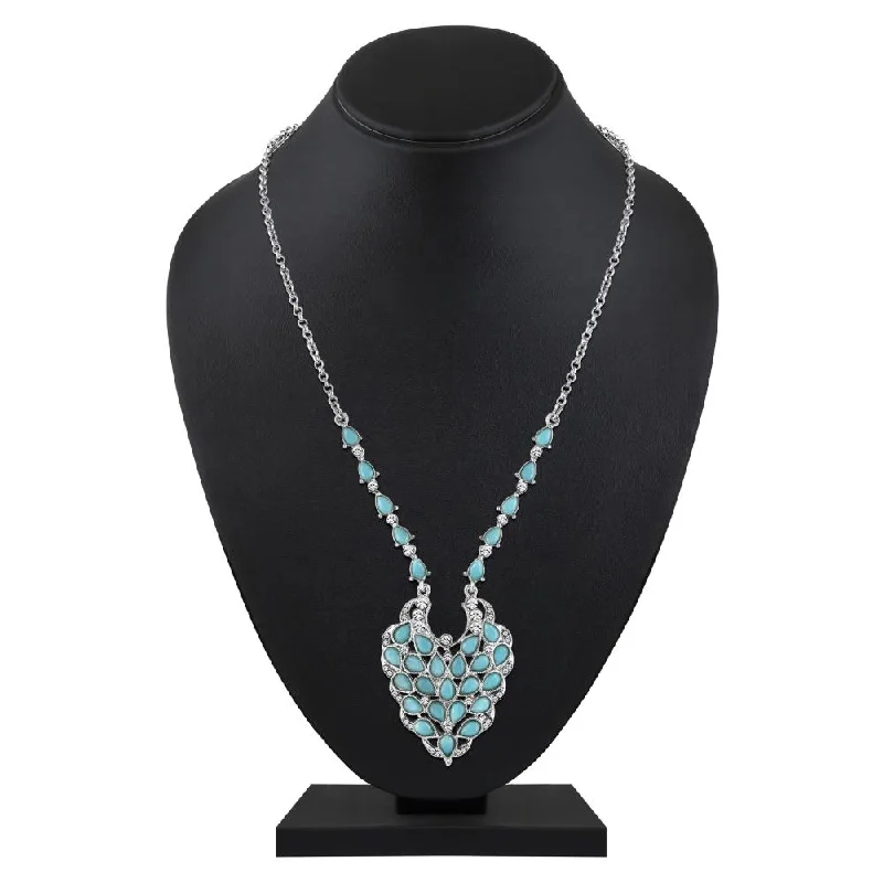 Heart Shaped Necklaces-Mahi Peacock Feather-Shaped Necklace with Blue Crystals for Women (PS1101917R)