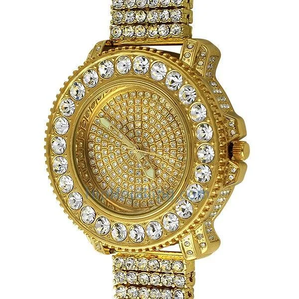 Trendy Smart Watches for Teens-Gold Big Rocks Bling Bling Watch & 6 Row Band