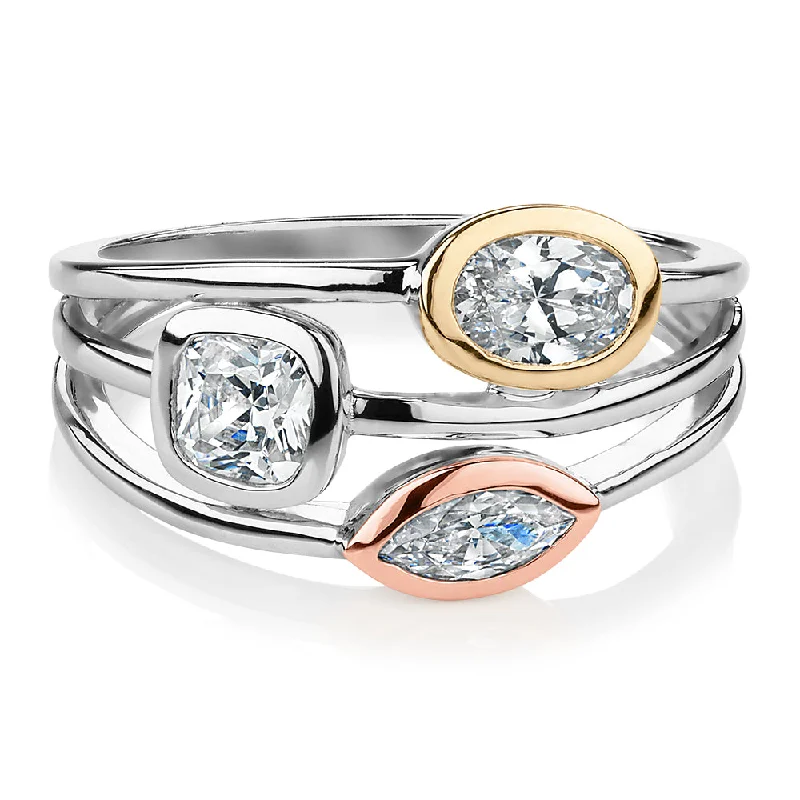 Custom Couples Rings-Dress ring with 1.04 carats* of diamond simulants in 10 carat yellow gold, rose gold and sterling silver