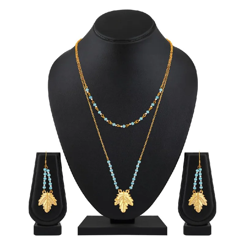 Chunky Chain Necklaces-Mahi Dual Layer Mapel Leaf Long Necklace Set with Artificial Beads for Women (NL1103841GBlu)