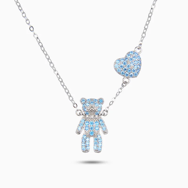 Classic Diamond Pendant Necklaces-Bear Heart Sky Blue Necklace