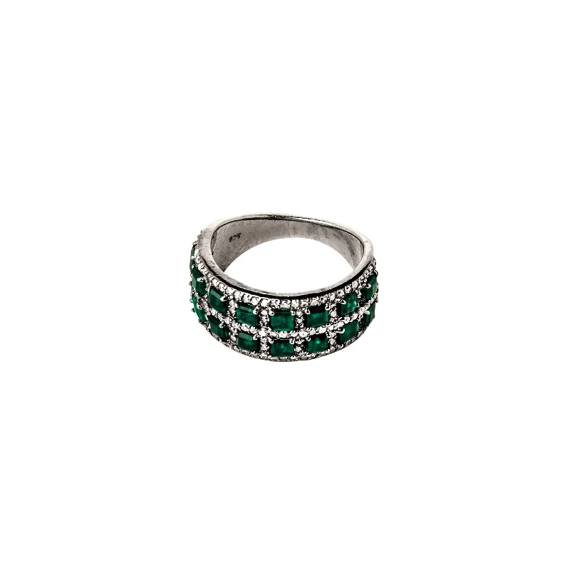 Designer Wedding Rings-Emerald & Diamond Two Row Ring