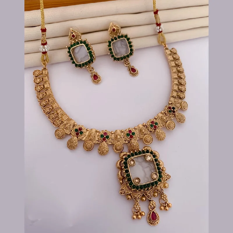 Elegant Rose Gold Necklaces-FS Collection Gold Plated Pota Stone And Pearls Necklace Set