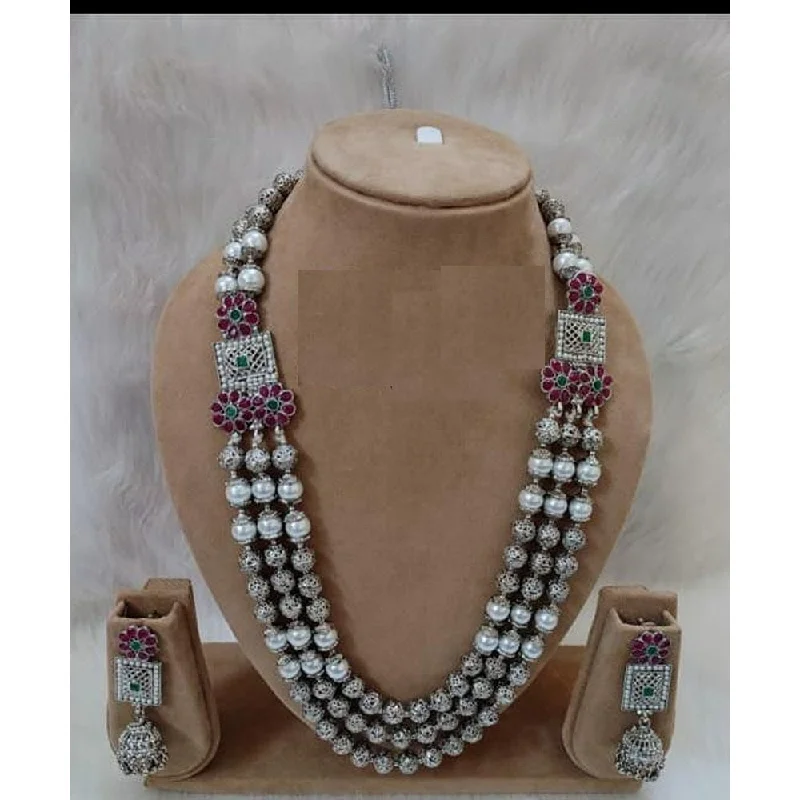 Simple Gold Bead Necklaces-Akruti Collection Silver  Plated Pota Stone Long Necklace Set