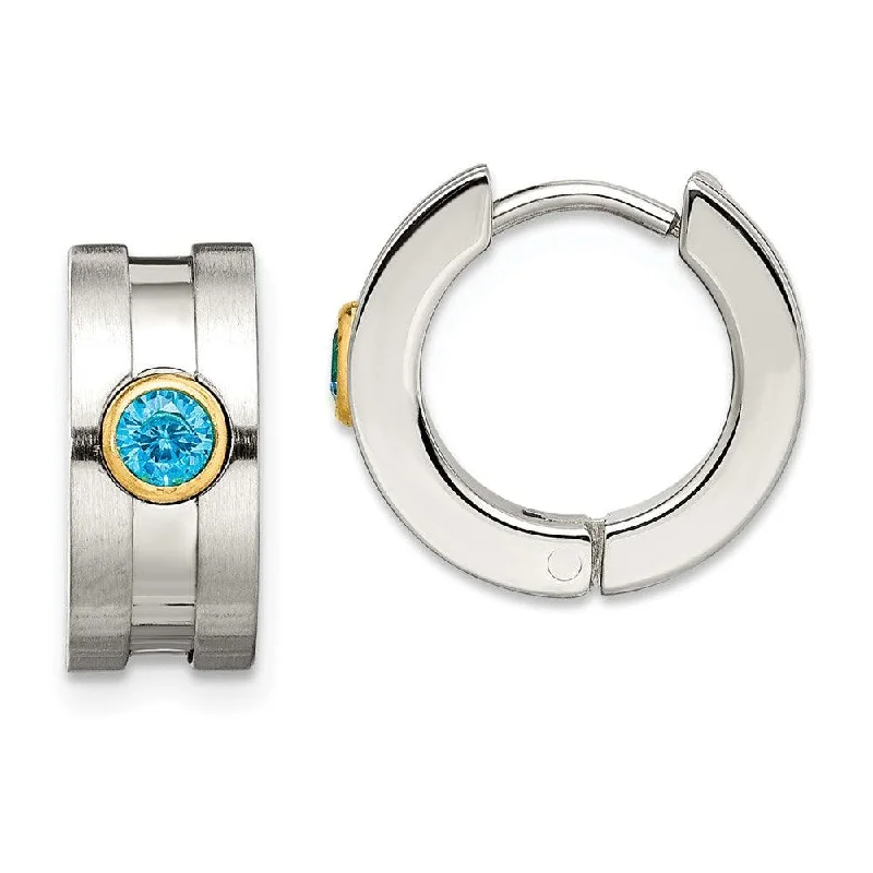 Organic Pearl Earrings-Stainless Steel Teal CZ & Yellow-plated Hinged Hoop Earrings